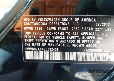 2014 Volkswagen Passat 1.8T Se из США, поврежденный, VIN 1VWBS7A34EC032439